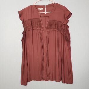 Maurices Plus Size 3X Cap Sleeve Babydoll Peasant Blouse Brown Prairie Americana